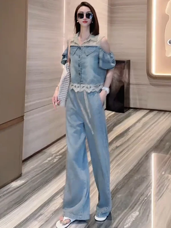 Fashionable Hong Kong Style Denim Set Women's Summer New Design Shoulder Exposure Short Sleeve Top Wide Leg Pants Two Piece Set
Fashionable Hong Kong Style Denim Set Women's Summer New Design Shoulder Exposure Short Sleeve Top Wide Leg Pants Two Piece Set