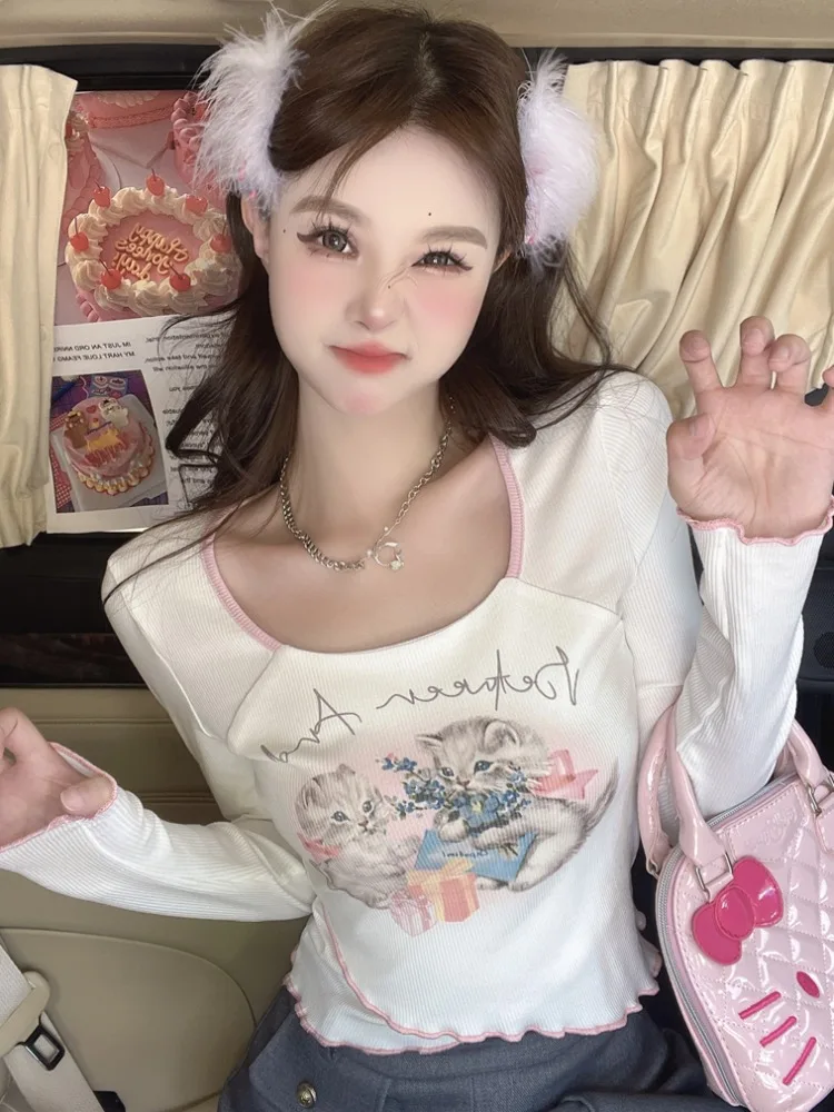 Sweet Print Long Sleeve Women's T-shirt Waist-Cinching Korean Style Commute Fashion Short Length Slim Fit Top
Sweet Print Long Sleeve Women's T-shirt Waist-Cinching Korean Style Commute Fashion Short Length Slim Fit Top