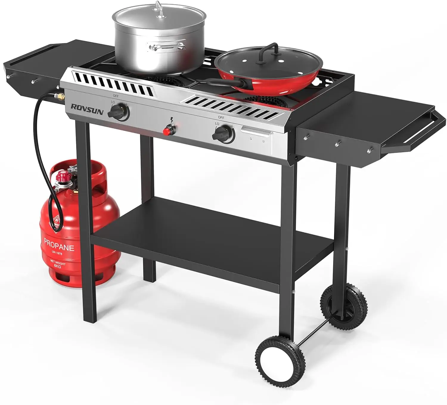 Auto-Ignition Propane Gas Stove, 2 Burners, 150,000 BTU, with Side Shelves, Rolling Wheels and Regulator, for Home, Outdoor, Backyard, Camping, Cooking, Frying, Brewing, Canning
Auto-Ignition Propane Gas Stove, 2 Burners, 150,000 BTU, with Side Shelves, Rolling Wheels and Regulator, for Home, Outdoor, Backyard, Camping, Cooking, Frying, Brewing, Canning