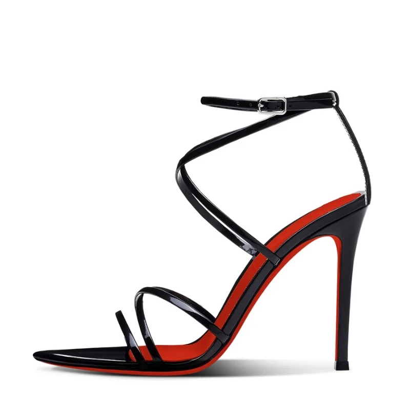 2025 new black pointed toe exposed cross buckle sandals with thin heels, feminine red soled high heels, fashion shoes 
2025 new black pointed toe exposed cross buckle sandals with thin heels, feminine red soled high heels, fashion shoes