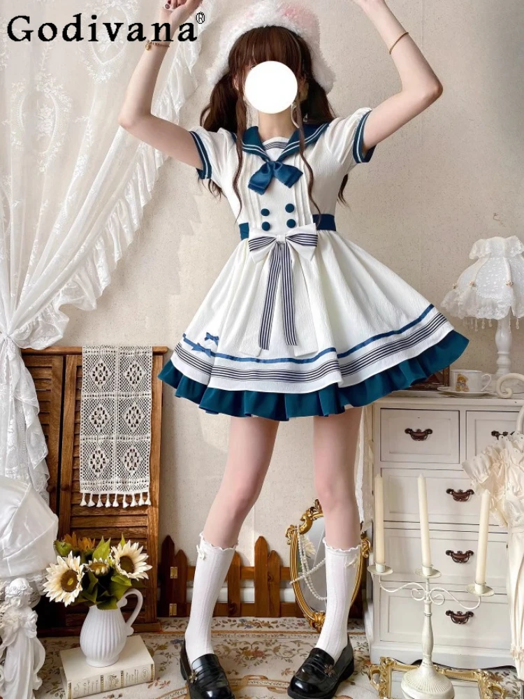 Summer Japanese Cute Sailor Collar Lolita Short Sleeve Lolita Dresses Sweet Girl Op Big Swing High Waist A-line College Dress
Summer Japanese Cute Sailor Collar Lolita Short Sleeve Lolita Dresses Sweet Girl Op Big Swing High Waist A-line College Dress