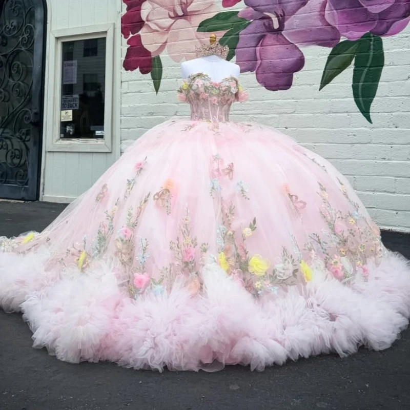 Light Pink Shiny Ball Gown Quinceanera Dresses Applique Flower Beading Crystal Bow Tiered Tull Corset Off The Shoulder Sweet 16
Light Pink Shiny Ball Gown Quinceanera Dresses Applique Flower Beading Crystal Bow Tiered Tull Corset Off The Shoulder Sweet 16