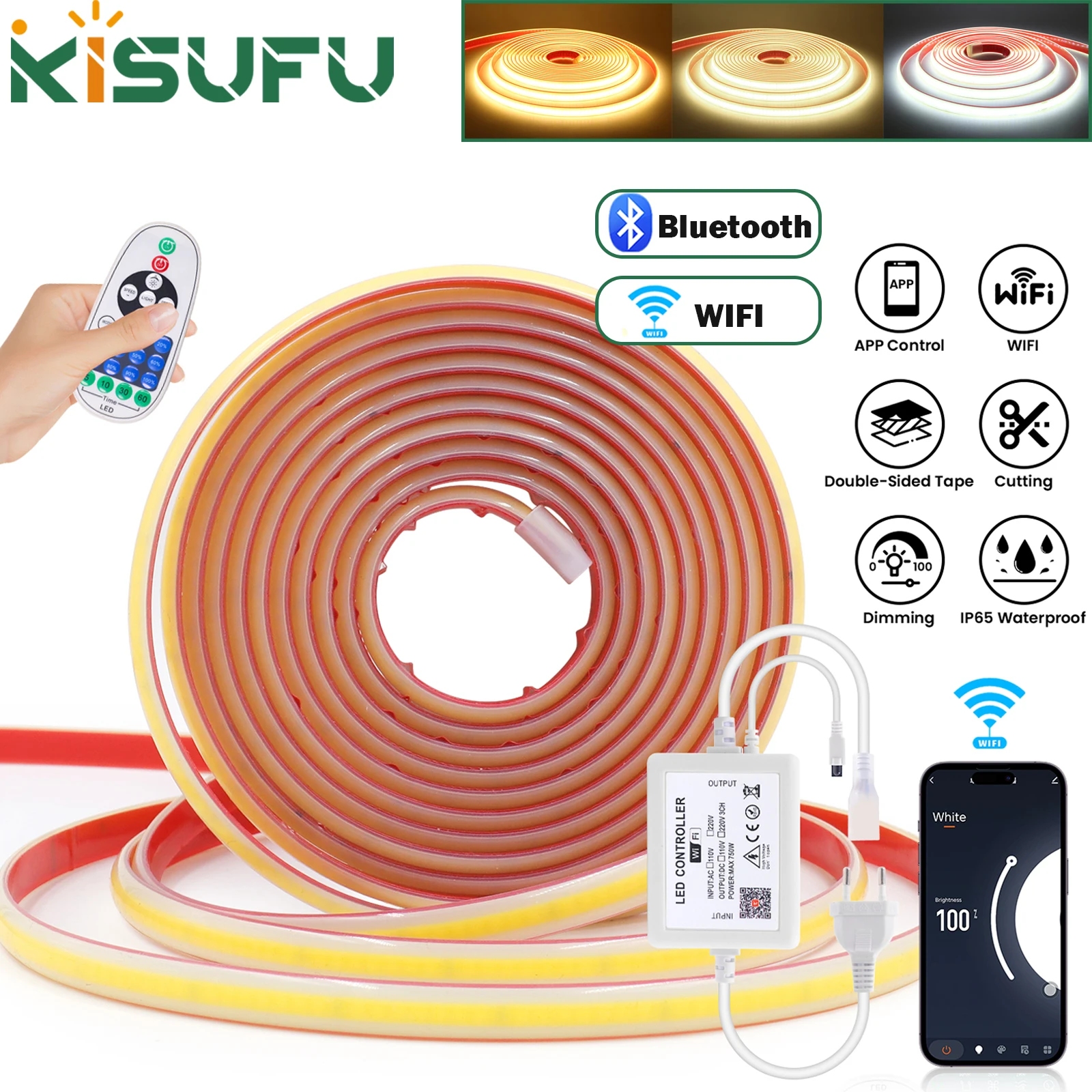 220V 230V WIFI Bluetooth APP Control COB LED Strip Light 288LEDs/M Waterproof Flexible Adhesive Strip Home Garden Lighting 5-35M
220V 230V WIFI Bluetooth APP Control COB LED Strip Light 288LEDs/M Waterproof Flexible Adhesive Strip Home Garden Lighting 5-35M