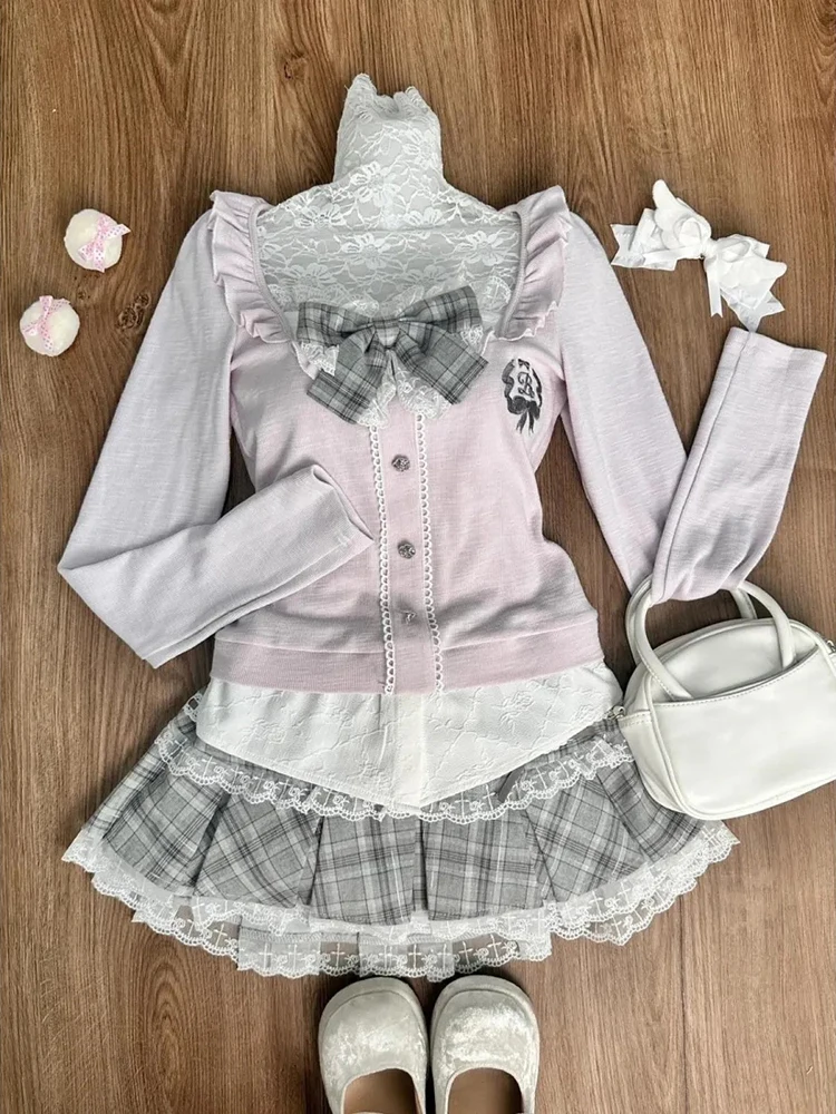 Japanese Sweet Preppy Skirt Set Women Kawaii Lace Patchwork Bow Tops Y2K Plaid Mini Skirt Elegant Outifits 2 Piece Set
Japanese Sweet Preppy Skirt Set Women Kawaii Lace Patchwork Bow Tops Y2K Plaid Mini Skirt Elegant Outifits 2 Piece Set