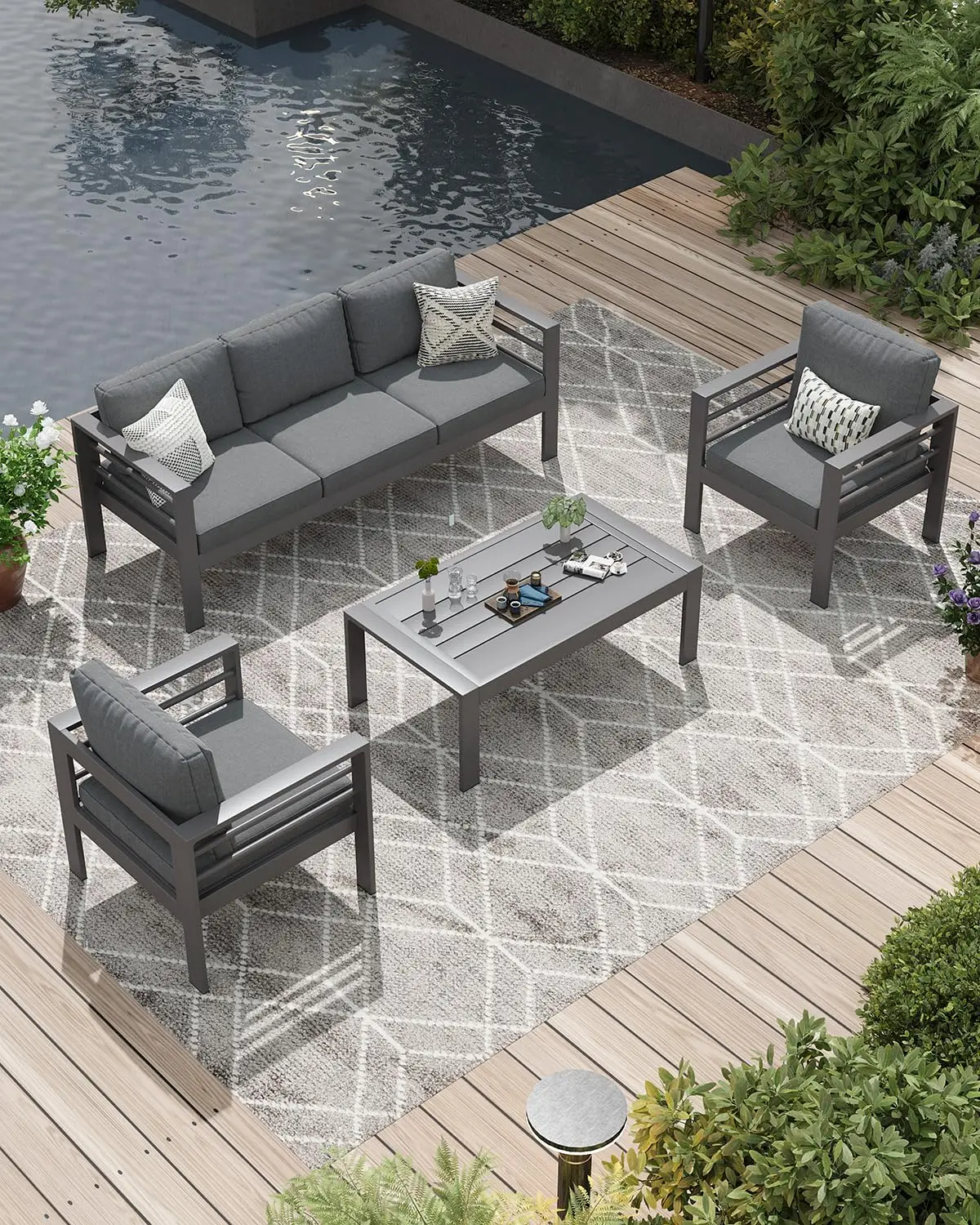 Aluminum Patio Furniture Set 5 Seat Outdoor Conversation Sectional Sofa with Coffee Table Metal Dark Gray,Customized
Aluminum Patio Furniture Set 5 Seat Outdoor Conversation Sectional Sofa with Coffee Table Metal Dark Gray,Customized