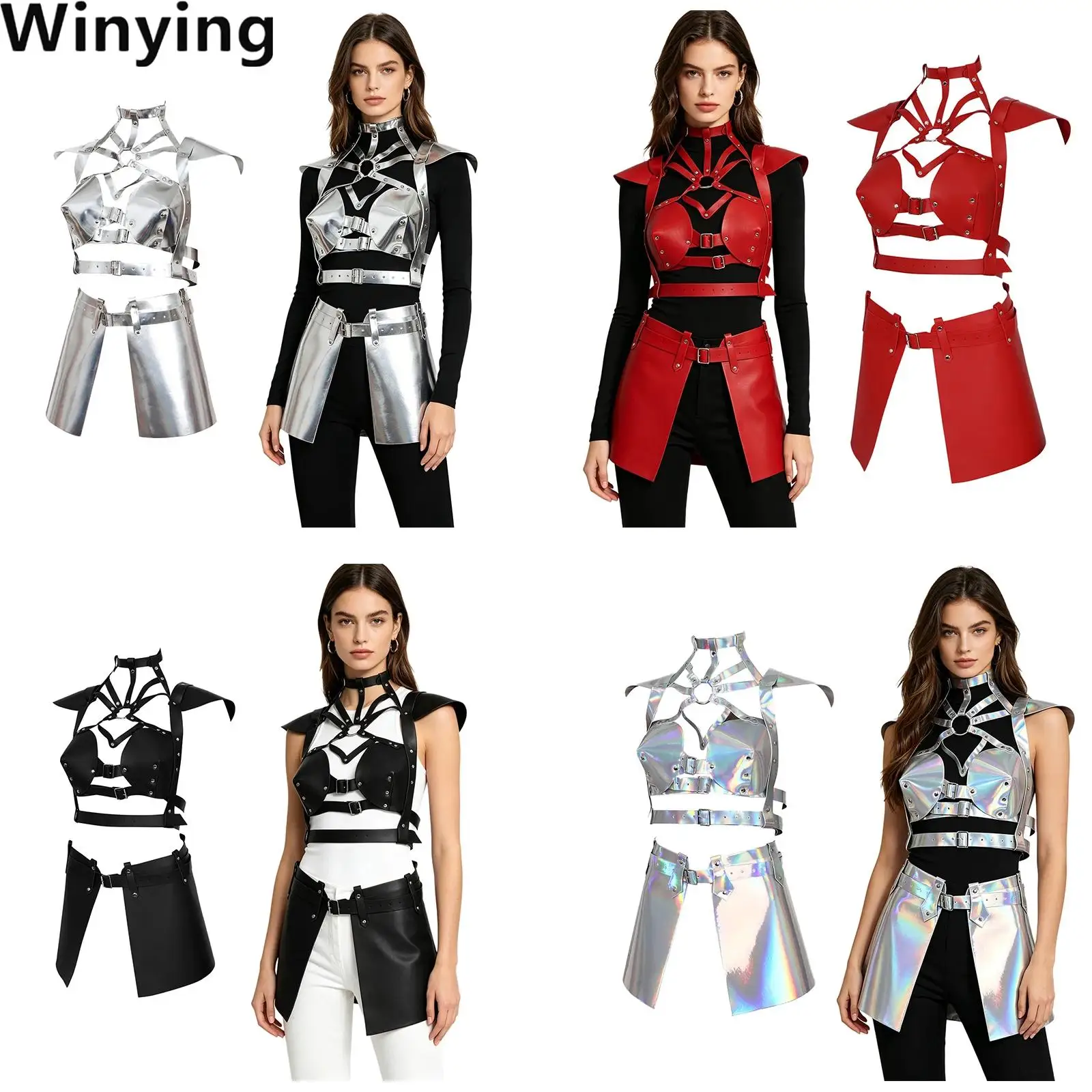 Women Punk PU Leather Bodysuit Adjustable Suspender Leather Harness Top with Skirt for Halloween Party Cosplay Clubwear
Women Punk PU Leather Bodysuit Adjustable Suspender Leather Harness Top with Skirt for Halloween Party Cosplay Clubwear