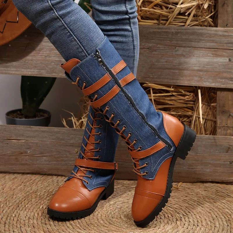 Spliced Bull Suede Mid-leg Boots Fashion Round Toe Side Zipper Metal Buckle Lace-up Soft Sole Block Heel Shoes for Women
Spliced Bull Suede Mid-leg Boots Fashion Round Toe Side Zipper Metal Buckle Lace-up Soft Sole Block Heel Shoes for Women