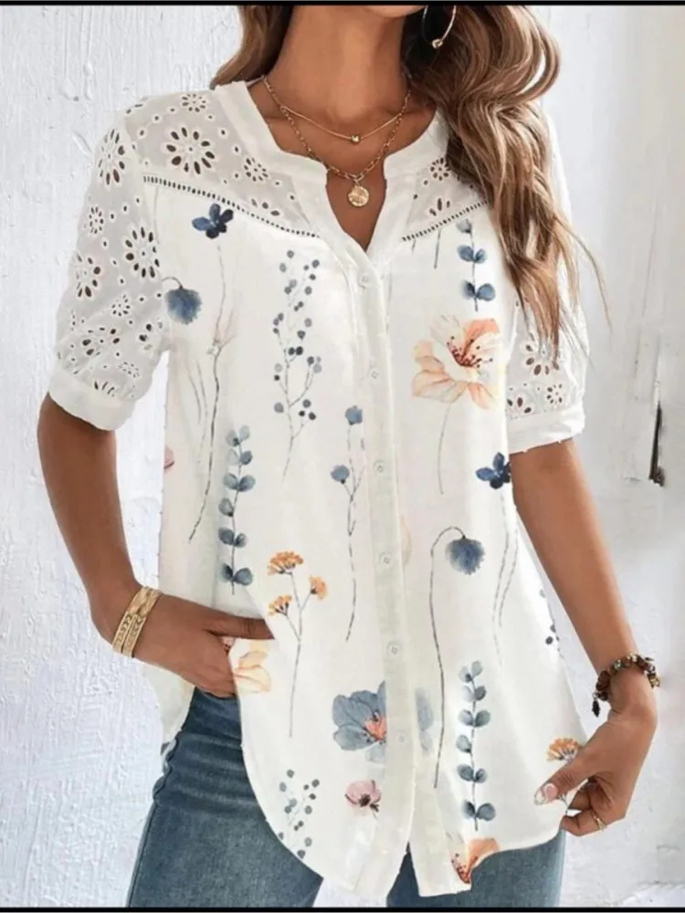 Spring Summer Women's Clothing New Fashion Print Sexy Breasted V-neck Hollow Short Sleeved Shirt Women's Top
Spring Summer Women's Clothing New Fashion Print Sexy Breasted V-neck Hollow Short Sleeved Shirt Women's Top