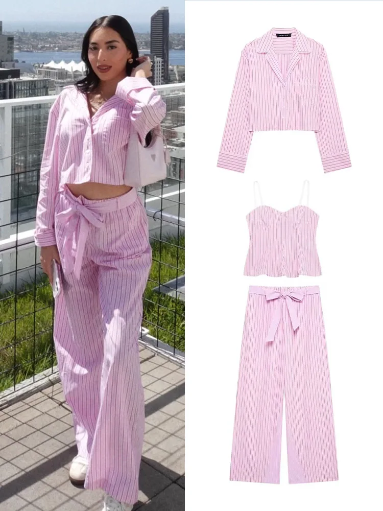 TRAFZA Women Striped Pants Suit Pocket Single-breasted Lapel Blouse+Side Zipper Lace Short Top+High Waist With Belt Poplin Pant
TRAFZA Women Striped Pants Suit Pocket Single-breasted Lapel Blouse+Side Zipper Lace Short Top+High Waist With Belt Poplin Pant
