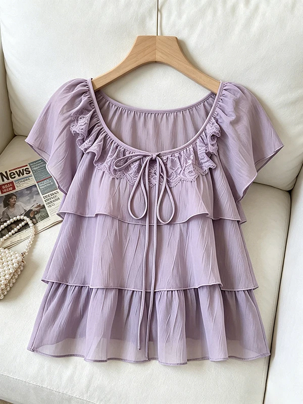 Korean Style Large Size Lace Splice Short Sleeve Women's Chiffon Shirt Summer New Cake Gauze Elegant Top Trendy Small Shirt
Korean Style Large Size Lace Splice Short Sleeve Women's Chiffon Shirt Summer New Cake Gauze Elegant Top Trendy Small Shirt