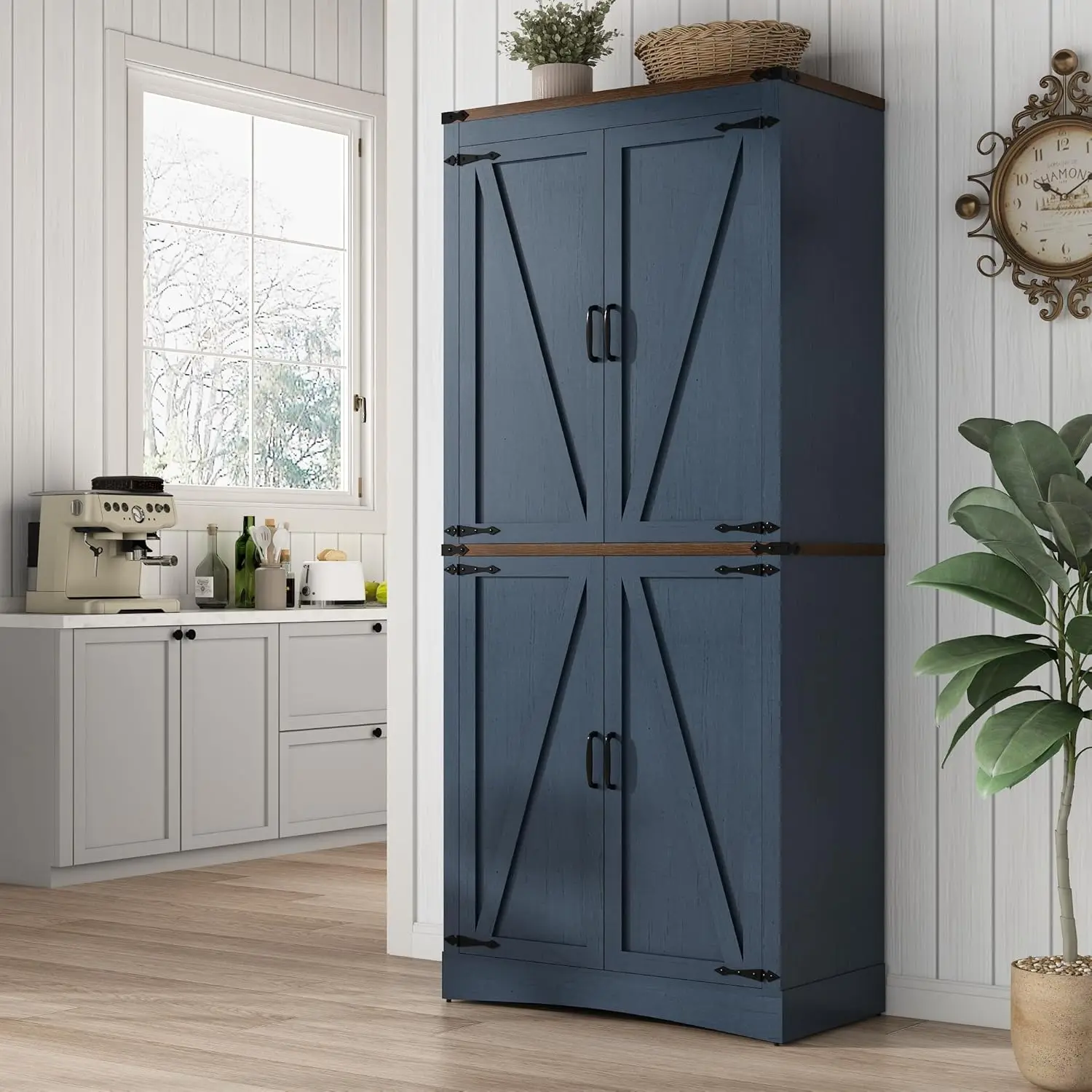 Rustic Blue Tall Kitchen Cabinet with 4 Doors, Adjustable Shelves, Steel Support, Wooden Storage for Dining Room, Bathroom
Rustic Blue Tall Kitchen Cabinet with 4 Doors, Adjustable Shelves, Steel Support, Wooden Storage for Dining Room, Bathroom