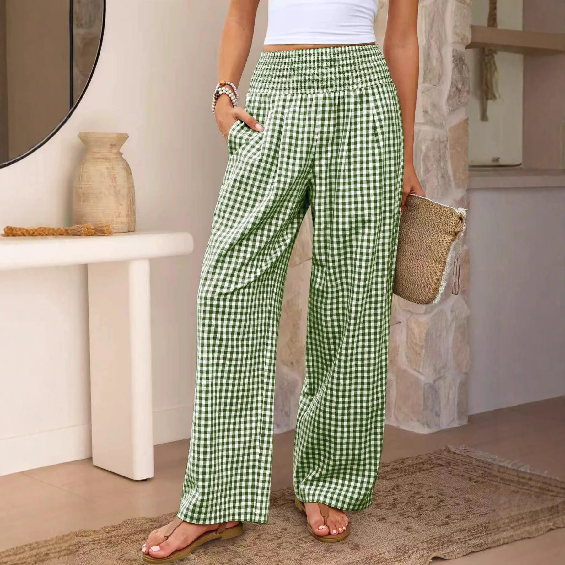 Women's Plaid Women's Casual Pants Loose Fashionable Casual Elastic Waist Wide Leg Pants
Women's Plaid Women's Casual Pants Loose Fashionable Casual Elastic Waist Wide Leg Pants