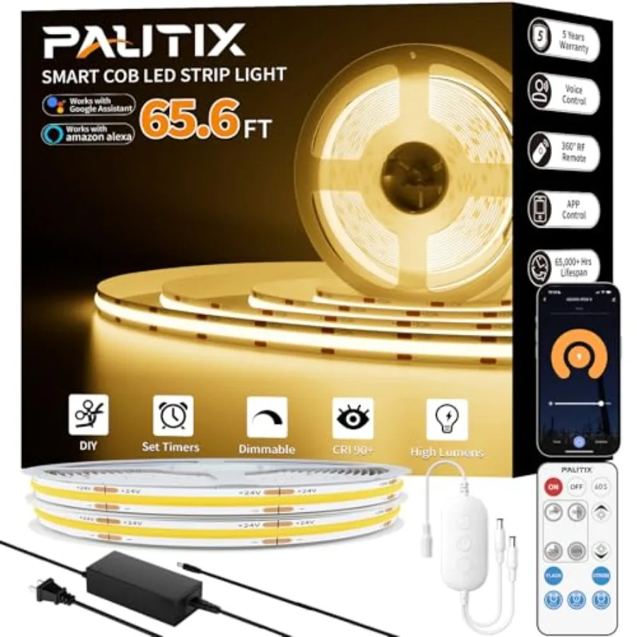 Светодиодная лента COB 65,6 футов/20 м, теплый белый свет, совместима с Alexa/Google Assistant, диммируемая светодиодная лента для спальни
Светодиодная лента COB 65,6 футов/20 м, теплый белый свет, совместима с Alexa/Google Assistant, диммируемая светодиодная лента для спальни