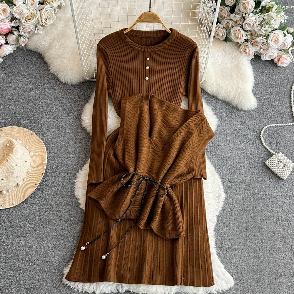 Women Knitting Dress Suit Sleeveless V-Neck Loose Vest+Beading Pullover O-neck Full Sleeve Long Vestidos Female Autumn Outfits
Women Knitting Dress Suit Sleeveless V-Neck Loose Vest+Beading Pullover O-neck Full Sleeve Long Vestidos Female Autumn Outfits