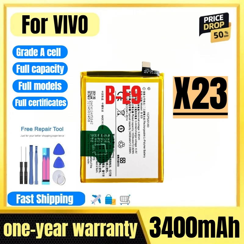B-E9 for VIVO X23 Mobile Phone Battery 0 Cycle High Quality High Capacity Battery Replacement Bateria Grade A Cell with Tools
B-E9 for VIVO X23 Mobile Phone Battery 0 Cycle High Quality High Capacity Battery Replacement Bateria Grade A Cell with Tools