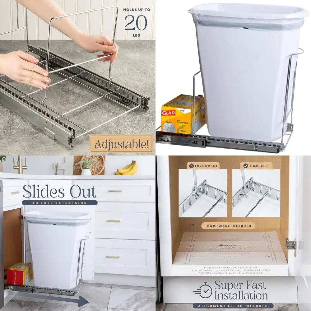 Сверхмощный выдвижной мусорный бак на 12 галлонов — хромированная отделка, плавное направляющее, хранилище для сумок, подходит для шкафа 13
Сверхмощный выдвижной мусорный бак на 12 галлонов — хромированная отделка, плавное направляющее, хранилище для сумок, подходит для шкафа 13