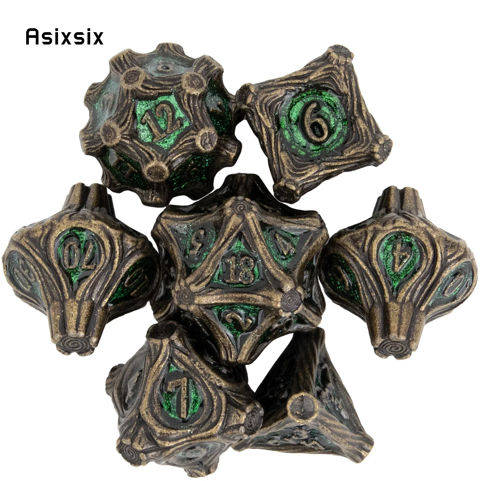 7 Pcs GreenTree Stump Root Metal Dice Solid Metal Polyhedral Dice Set Suitable for Role-Playing RPG Board Game Card Game
7 Pcs GreenTree Stump Root Metal Dice Solid Metal Polyhedral Dice Set Suitable for Role-Playing RPG Board Game Card Game