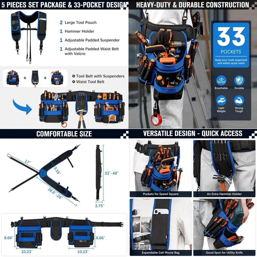Electrician's 33-Pocket Tool Belt with Detachable Pouches, Adjustable 33-48 for Tradesmen in Blue
Electrician's 33-Pocket Tool Belt with Detachable Pouches, Adjustable 33-48 for Tradesmen in Blue