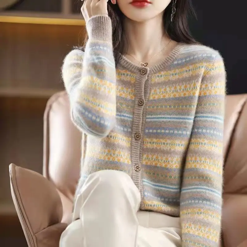 Autumn and winter color-blocking striped o neck cardigan outside with sweater women knitted jacket Western style knitted sweater
Autumn and winter color-blocking striped o neck cardigan outside with sweater women knitted jacket Western style knitted sweater