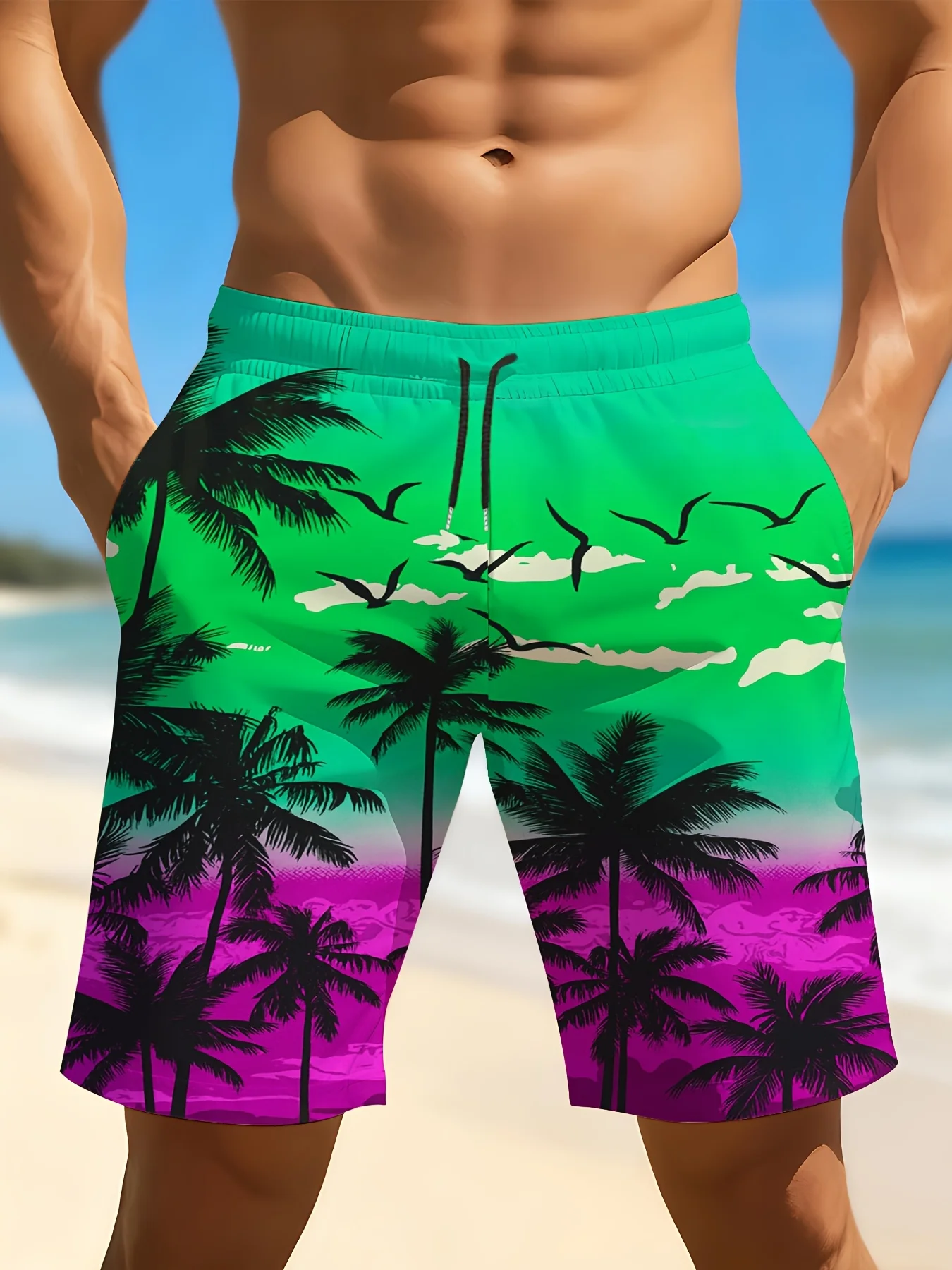 Men's Summer Quick Dry Beach Shorts, Green Purple Gradient Palm Tree Seagull Print Drawstring Casual Board Shorts with Pockets
Men's Summer Quick Dry Beach Shorts, Green Purple Gradient Palm Tree Seagull Print Drawstring Casual Board Shorts with Pockets