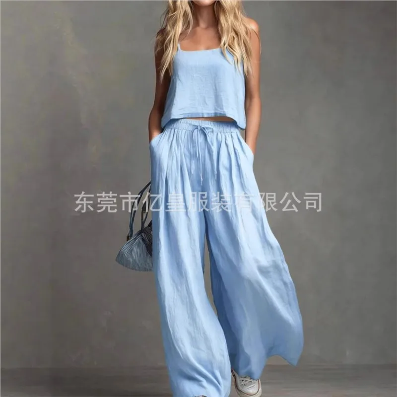 Ladies Summer New Casual 2 Piece Fashion Loose Spaghetti Strap Cropped Top And High Waisted Wide Leg Pants Set
Ladies Summer New Casual 2 Piece Fashion Loose Spaghetti Strap Cropped Top And High Waisted Wide Leg Pants Set