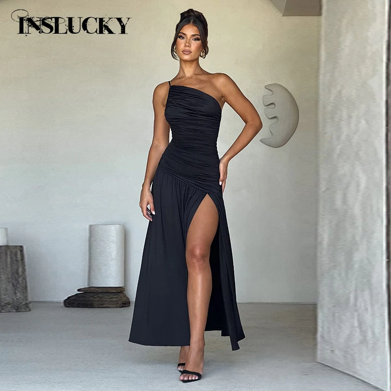 

InsLucky 2024 Summer Sexy Elegant Women Dress One-Shoulder Sling Diagonal Neck Folds High Waist Slit A Line Midi Dresses Female