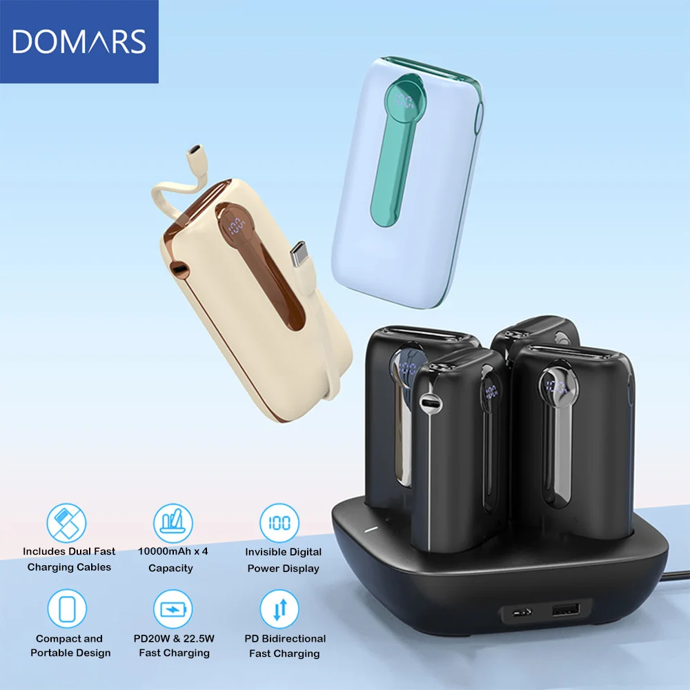 Зарядная станция Domars 4x10000 мАч с быстрой зарядкой PD22.5W и встроенным кабелем для iPhone, Xiaomi и Samsung
Зарядная станция Domars 4x10000 мАч с быстрой зарядкой PD22.5W и встроенным кабелем для iPhone, Xiaomi и Samsung