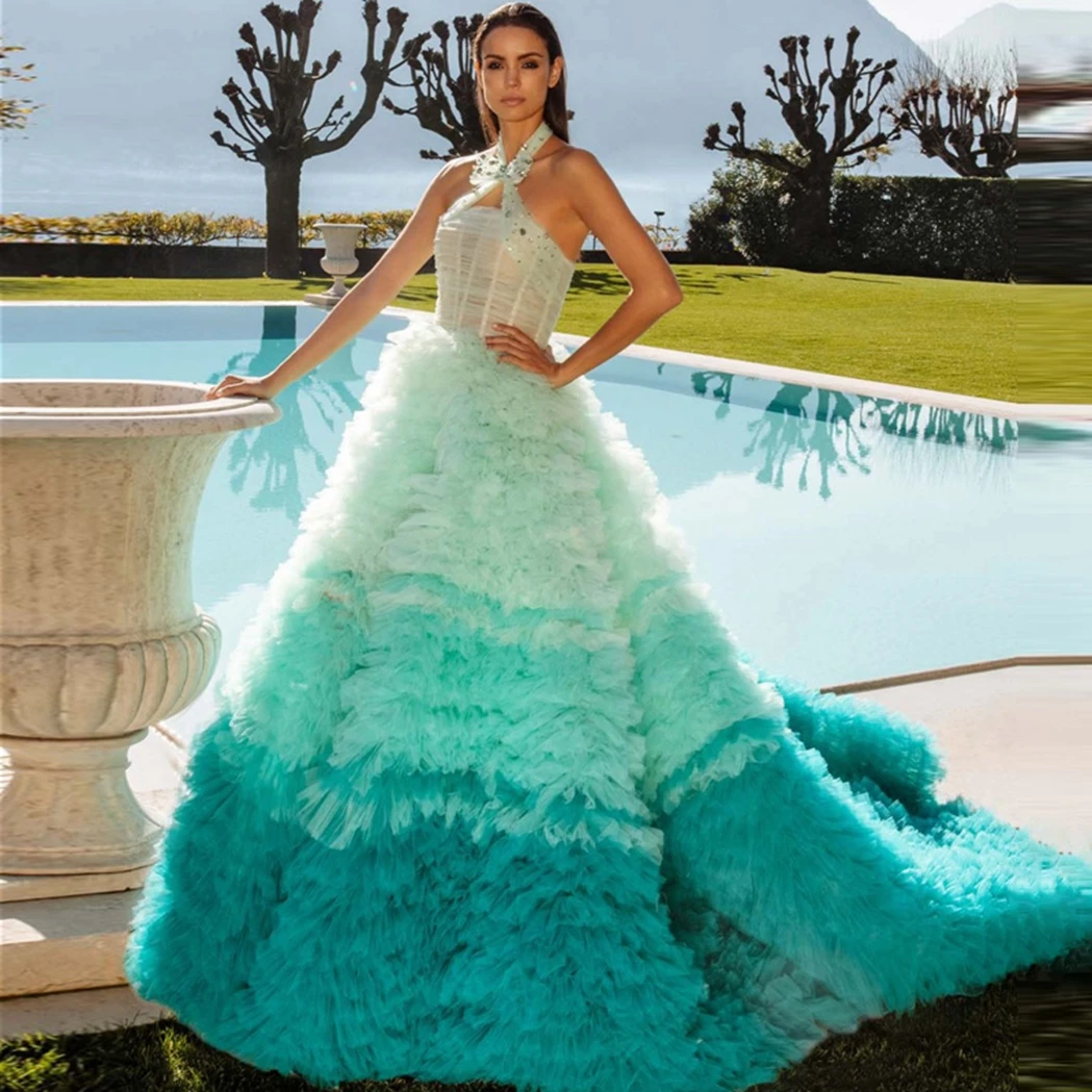 Halter Ice Blue Sleeveless Long Evening Dresses With Long Train Elegant Ruffled Fluffy Woman Clothes Custom Made Wedding Dress 
Halter Ice Blue Sleeveless Long Evening Dresses With Long Train Elegant Ruffled Fluffy Woman Clothes Custom Made Wedding Dress