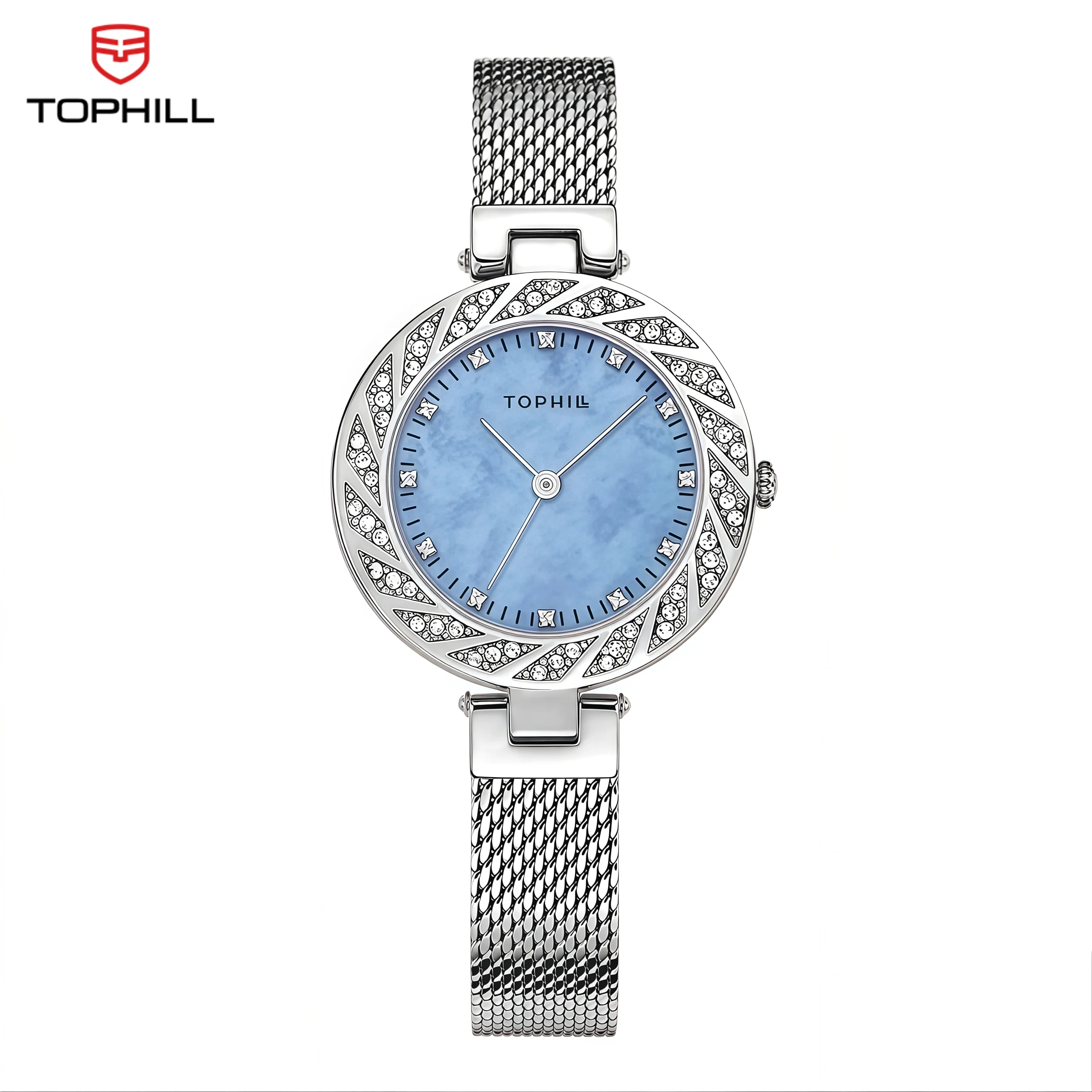 TOPHILL женские кварцевые часы, роскошный синий перламутровый циферблат, бриллиантовый ободок, сетчатый ремешок из нержавеющей стали, элегантные женские наручные часы
TOPHILL женские кварцевые часы, роскошный синий перламутровый циферблат, бриллиантовый ободок, сетчатый ремешок из нержавеющей стали, элегантные женские наручные часы