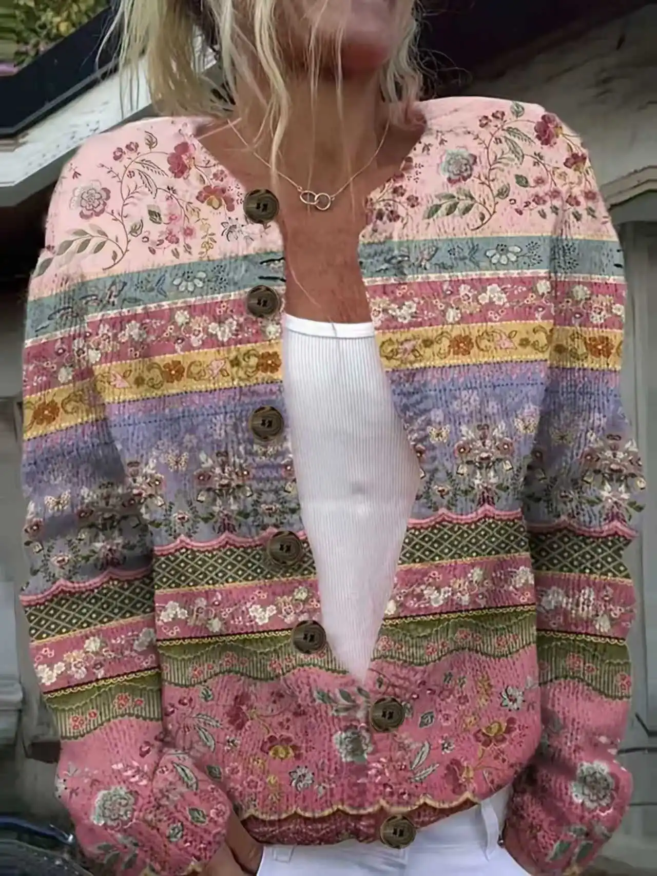 Vintage Floral Striped Scalloped Hem Button Front Cardigan Long Sleeve Boho Printed Knit Coat Women Casual Daily Outerwear
Vintage Floral Striped Scalloped Hem Button Front Cardigan Long Sleeve Boho Printed Knit Coat Women Casual Daily Outerwear