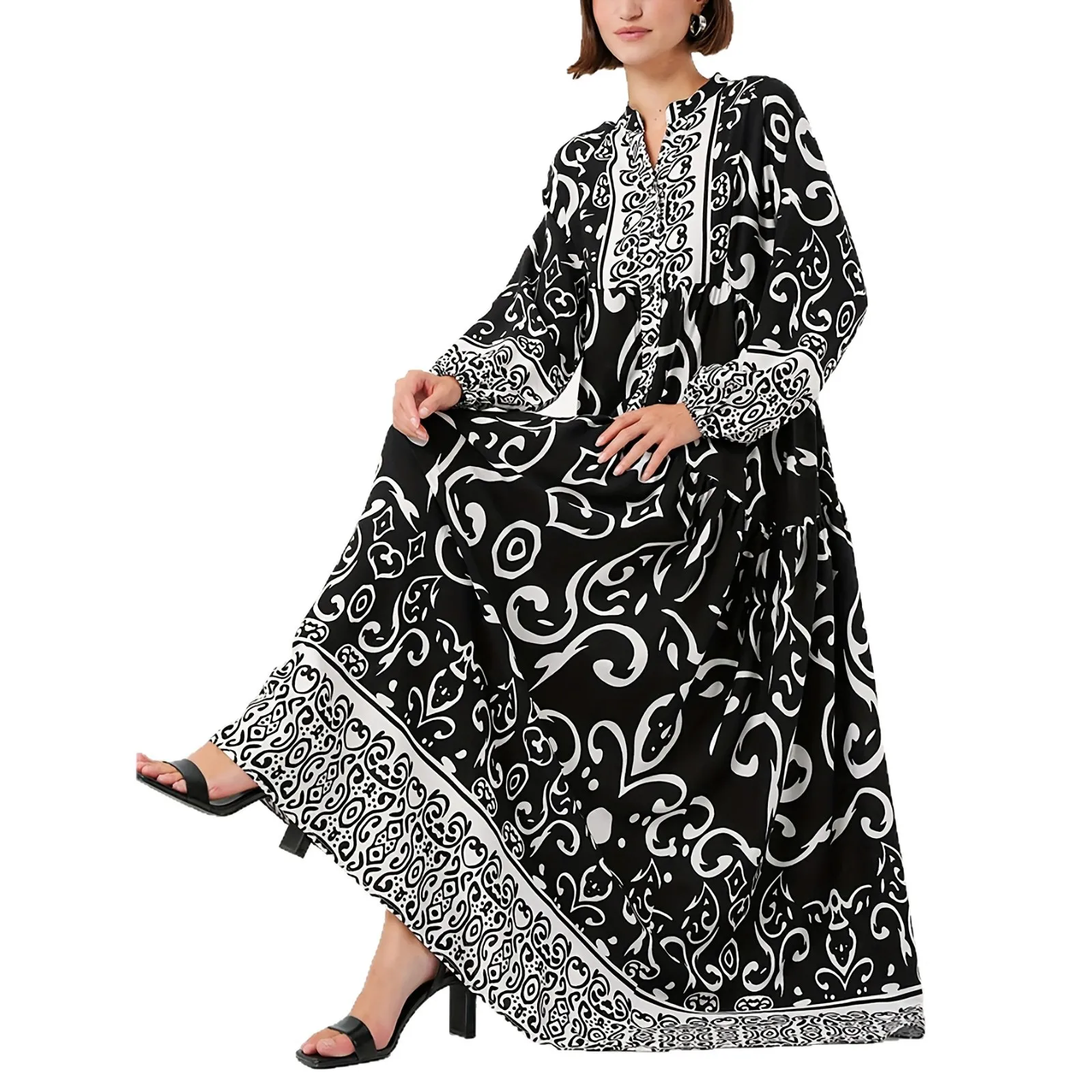 Black long dress, long robe, elegant and loose women's long sleeved V-neck print, essential for daily travel
Black long dress, long robe, elegant and loose women's long sleeved V-neck print, essential for daily travel