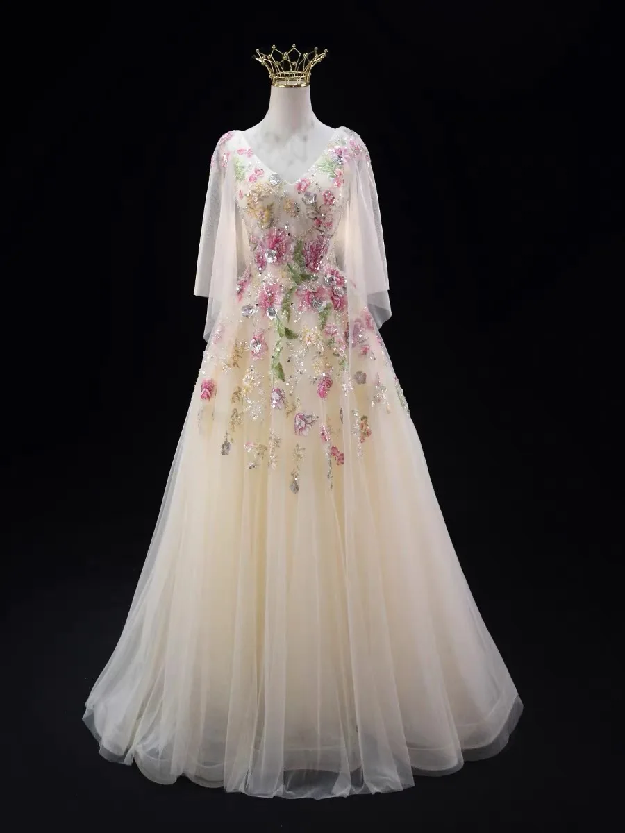 New Design Champagne V-Neck Evening Dress Prom Gown Floral Embroidered Tulle A-Line Formal Party Dress With Cape Sleeves
New Design Champagne V-Neck Evening Dress Prom Gown Floral Embroidered Tulle A-Line Formal Party Dress With Cape Sleeves