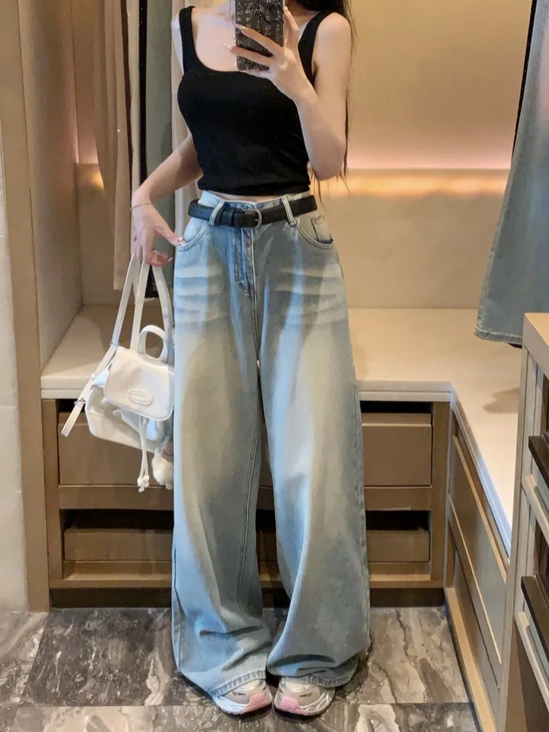 Retro American Washed Blue Jeans High Waist Slimming Wide Leg Pants Summer Long Bootcut Casual Style No Brand Girls Loose Fit
Retro American Washed Blue Jeans High Waist Slimming Wide Leg Pants Summer Long Bootcut Casual Style No Brand Girls Loose Fit