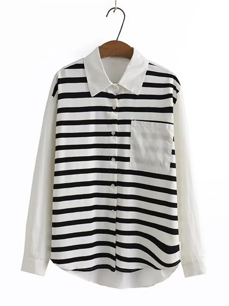 Plus Size Women's Clothing Autumn Long-Sleeved Shirt Black And White Striped Shirt With Asymmetrical Left And Right Splicing
Plus Size Women's Clothing Autumn Long-Sleeved Shirt Black And White Striped Shirt With Asymmetrical Left And Right Splicing