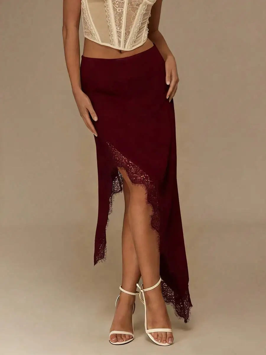 Women Elegant Asymmetrical Lace Skirt With High Slit Burgundy Long Skirt
Women Elegant Asymmetrical Lace Skirt With High Slit Burgundy Long Skirt