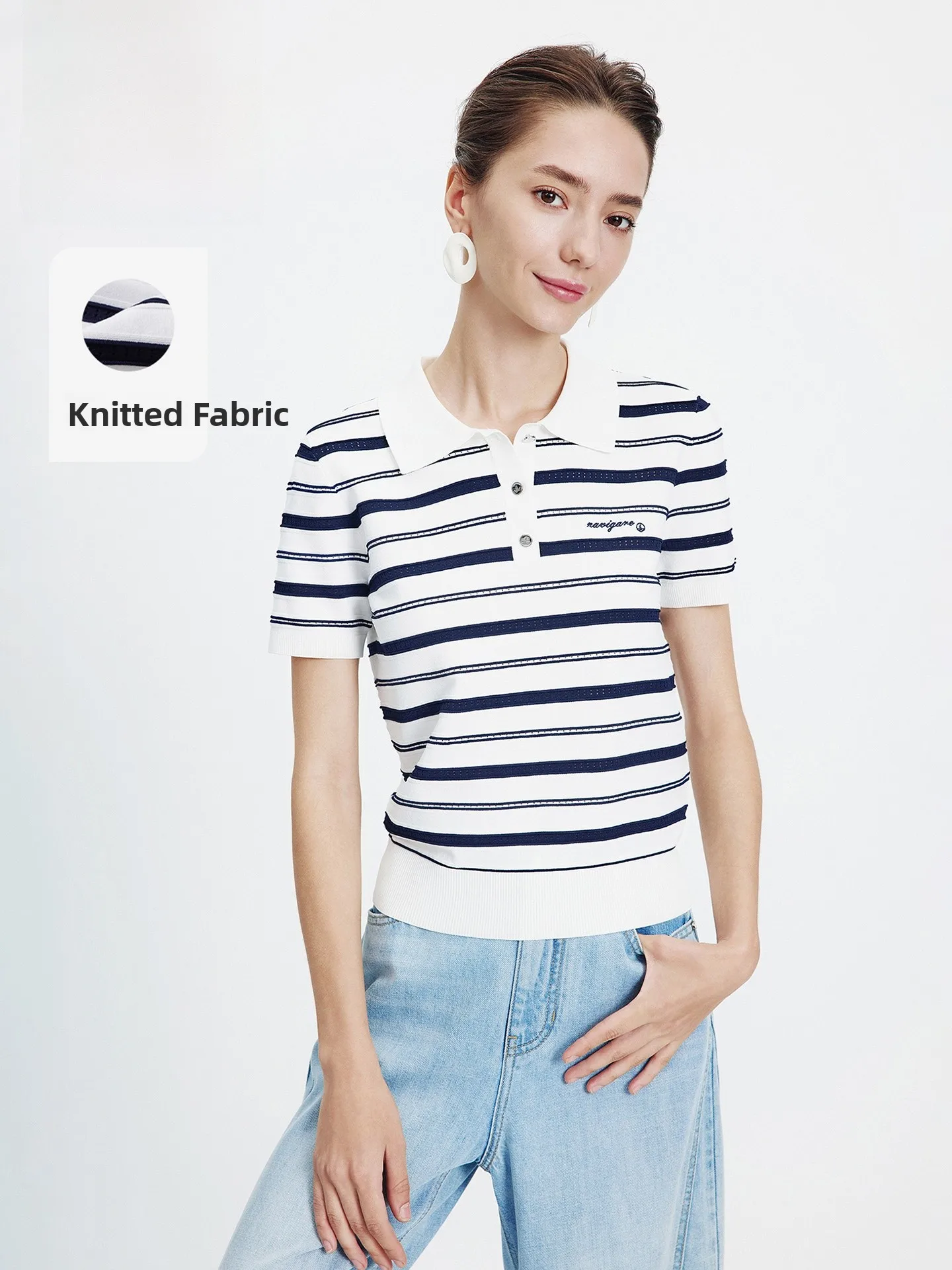 Navigare Spring New White Stripes Short Sleeve Neck T-Shirt Knitted Women's Fashion Straight Cut Hollow out Embroidery
Navigare Spring New White Stripes Short Sleeve Neck T-Shirt Knitted Women's Fashion Straight Cut Hollow out Embroidery