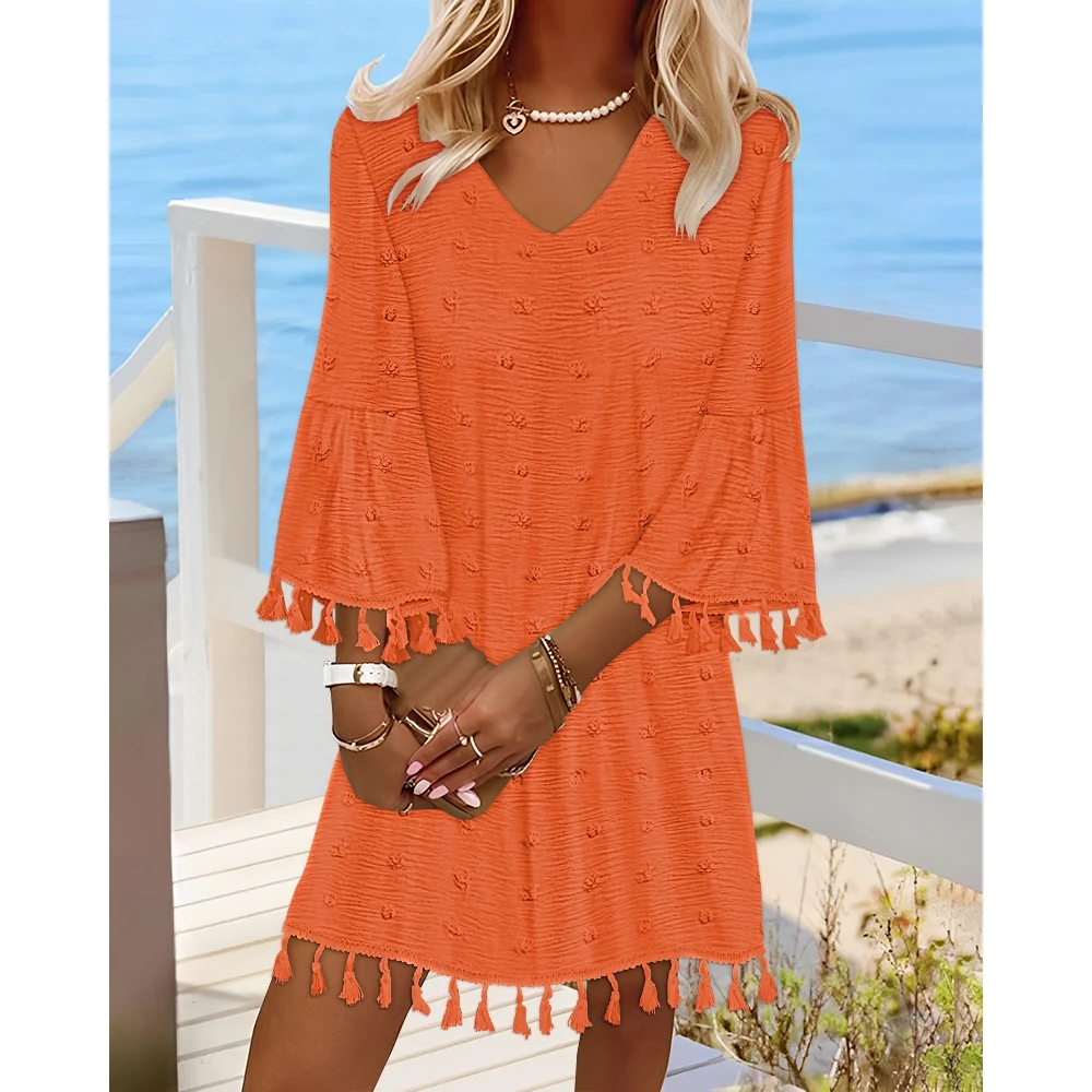 Summer V neck Polka Dot Bell Sleeve Tassel Decor Mini Casual Loose Fit Dress Outwear
Summer V neck Polka Dot Bell Sleeve Tassel Decor Mini Casual Loose Fit Dress Outwear