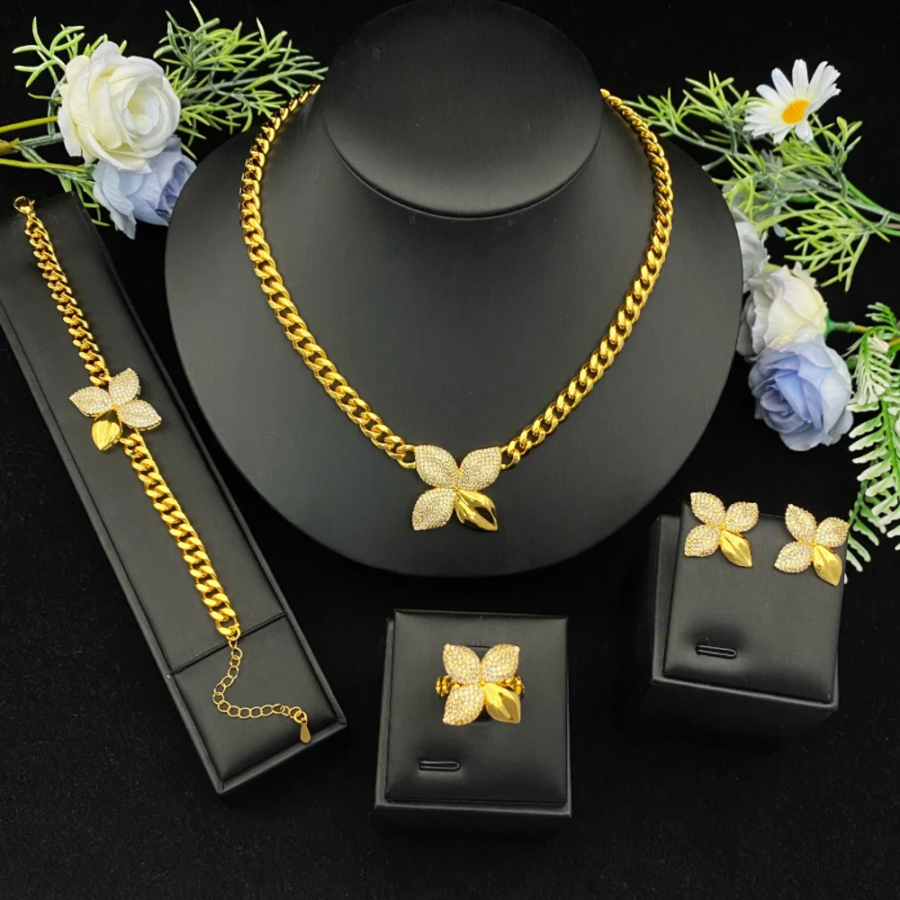 JRH Four-leaf Clover Fashion Jewelry Set Gold-Plated Zircon Necklace Earrings Bracelet Ring Daily Luxe Minimalist Accessory
JRH Four-leaf Clover Fashion Jewelry Set Gold-Plated Zircon Necklace Earrings Bracelet Ring Daily Luxe Minimalist Accessory