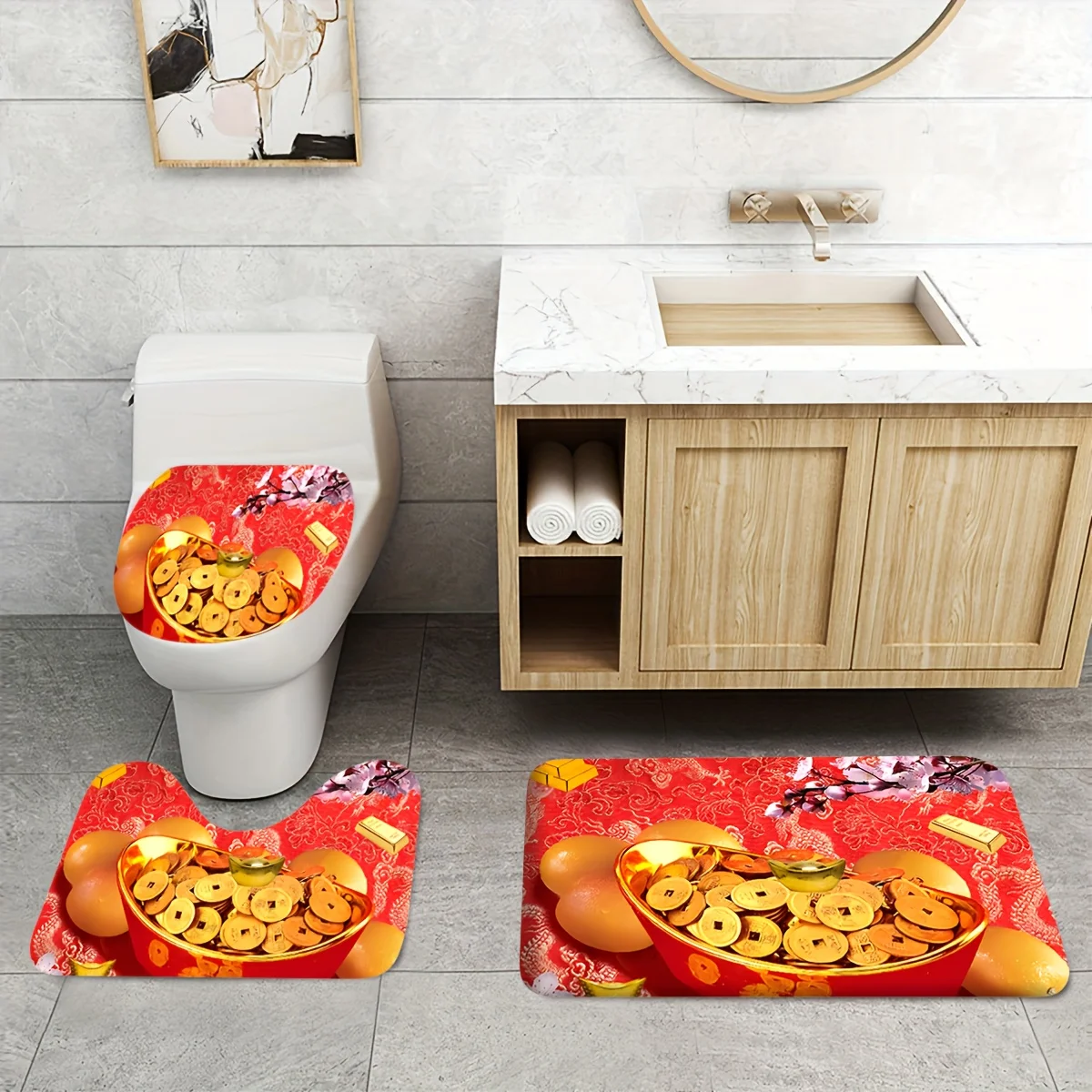3pcs Luxury Golden Coin Print Bathroom Mat Set, Toilet Lid Mat, Toilet U-Shaped Mat
3pcs Luxury Golden Coin Print Bathroom Mat Set, Toilet Lid Mat, Toilet U-Shaped Mat