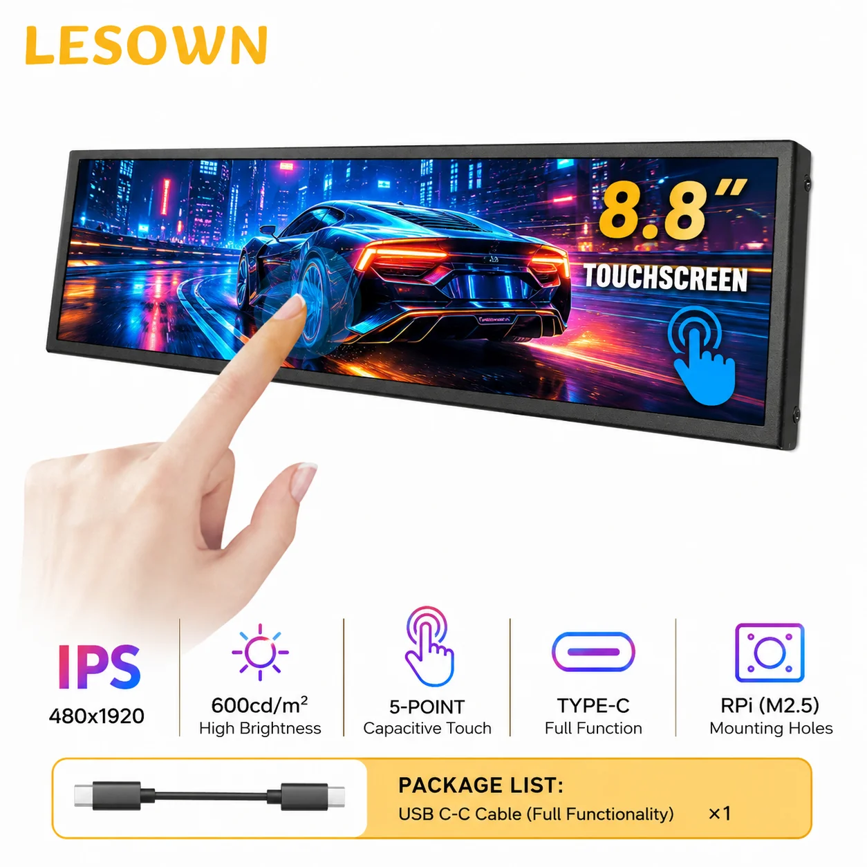 LESOWN 8.8inch Type-C Touch Portable Developer Screen 480x1920 White M2.5 Mount Stretched Display for Orange Pi Linux Setup Rig
LESOWN 8.8inch Type-C Touch Portable Developer Screen 480x1920 White M2.5 Mount Stretched Display for Orange Pi Linux Setup Rig