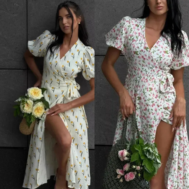 Women Cotton Floral Wrap Midi Dress Puff Sleeve V Neck A Line Dress Side Slit Summer Muslin Dress Casual Holiday Party Wear Chic
Women Cotton Floral Wrap Midi Dress Puff Sleeve V Neck A Line Dress Side Slit Summer Muslin Dress Casual Holiday Party Wear Chic