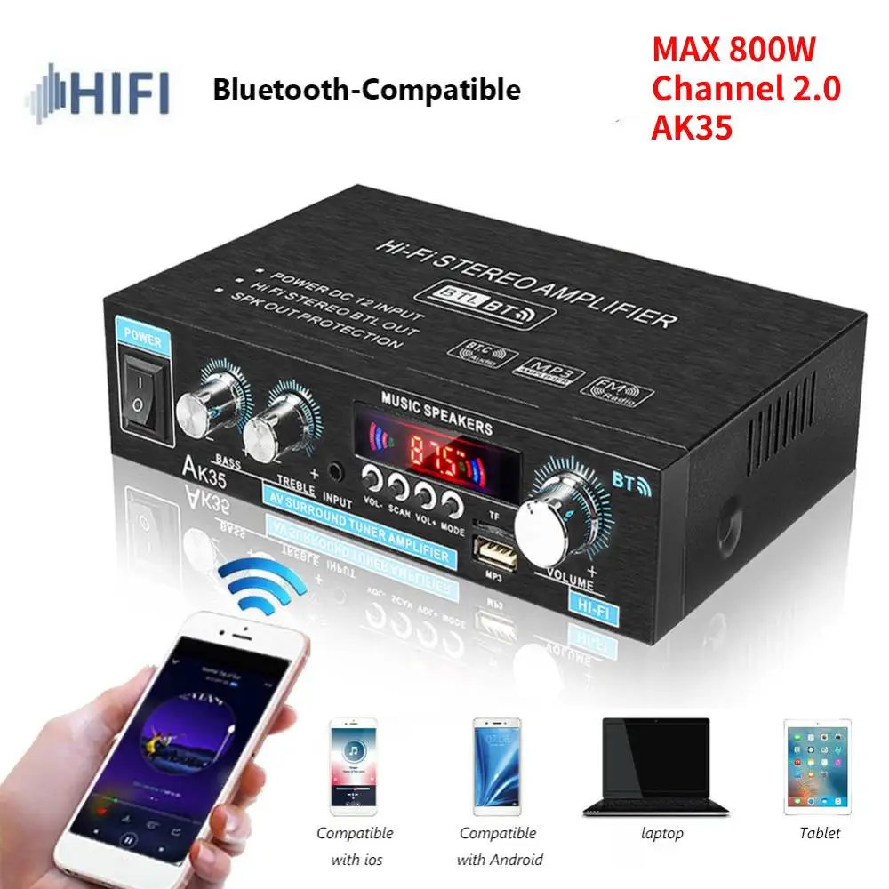 Home Power Amplifier 2 Channel Bluetooth 5.0 AK35 Mini Hifi Digital Stereo Sound Amplifier Support FM USB SD Mic input
Home Power Amplifier 2 Channel Bluetooth 5.0 AK35 Mini Hifi Digital Stereo Sound Amplifier Support FM USB SD Mic input
