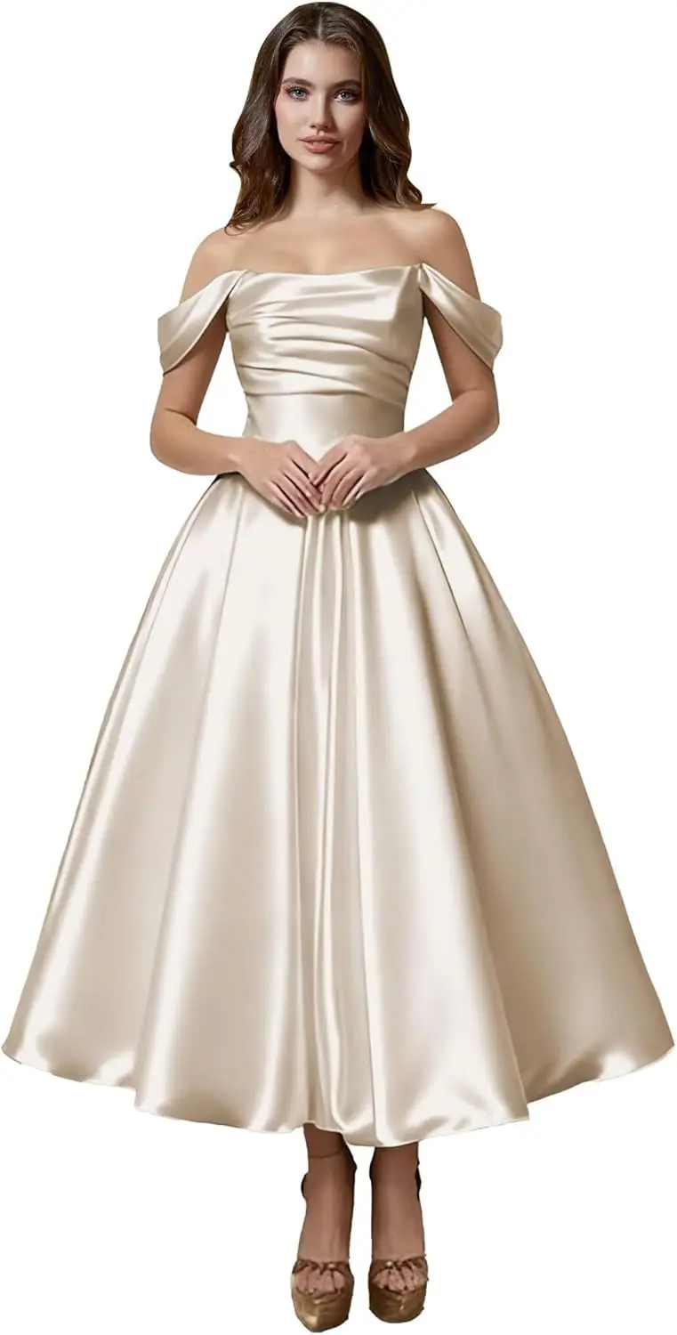 Simple Wedding Dress Women's Off Shoulder Wedding Dresses for Bride Tea Length Elegant A Line Satin Prom Dress Party Dresses
Simple Wedding Dress Women's Off Shoulder Wedding Dresses for Bride Tea Length Elegant A Line Satin Prom Dress Party Dresses