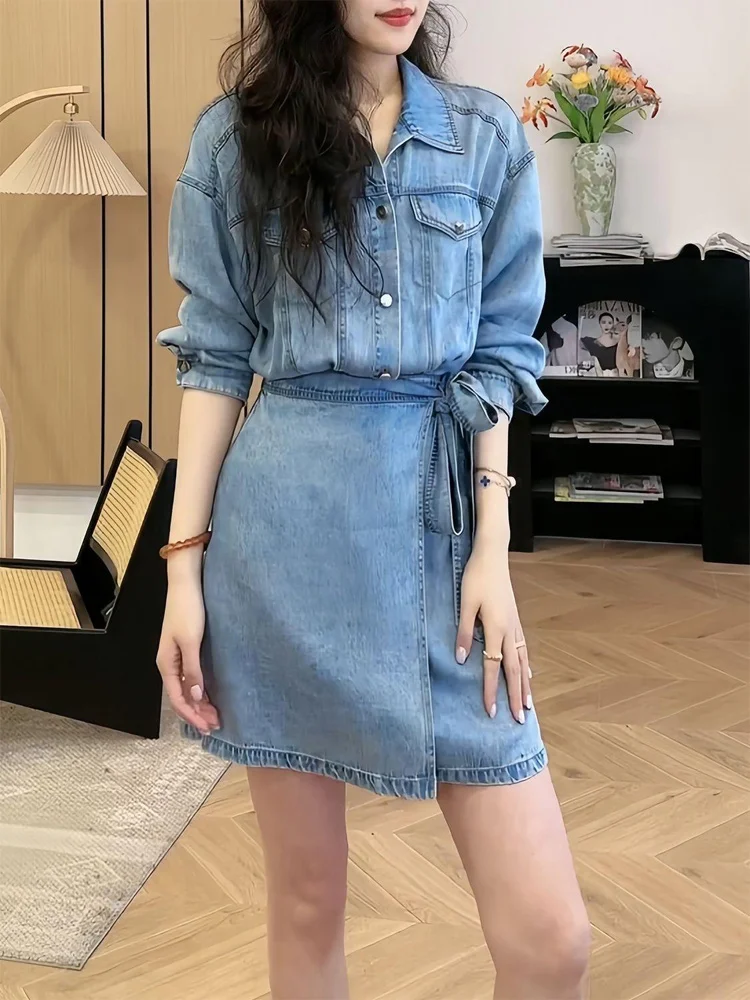 Hong Kong Sle Retro Collar Denim Dr Women's Spring New Workwear Ele ort Waist Cinching Slimming Dr
Hong Kong Sle Retro Collar Denim Dr Women's Spring New Workwear Ele ort Waist Cinching Slimming Dr
