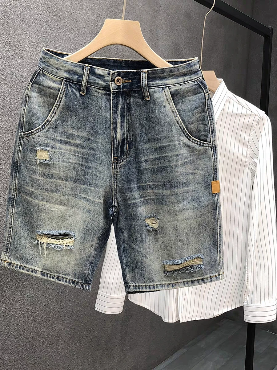 Summer New Men's Stylish Straight Leg Hole Denim Shorts Casual Five-Fifths Pants Vintage Half-Length Loose-Fit Jeans
Summer New Men's Stylish Straight Leg Hole Denim Shorts Casual Five-Fifths Pants Vintage Half-Length Loose-Fit Jeans