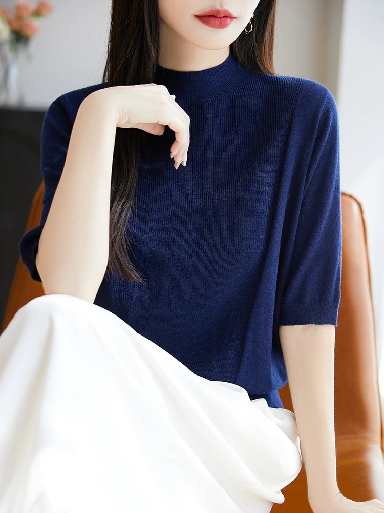 Spring Summer Mock Neck Solid Color Half Sleeve Yuanbao Needle Pullover Merino Wool Knit Women's Sweater Simple Style Soft Tops
Spring Summer Mock Neck Solid Color Half Sleeve Yuanbao Needle Pullover Merino Wool Knit Women's Sweater Simple Style Soft Tops