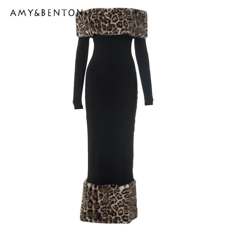 European American Hot Girl Sexy Off Shoulder Leopard Print Fur Splicing Women's Dress Autumn Winter New Slimming Dresses Ladies
European American Hot Girl Sexy Off Shoulder Leopard Print Fur Splicing Women's Dress Autumn Winter New Slimming Dresses Ladies
