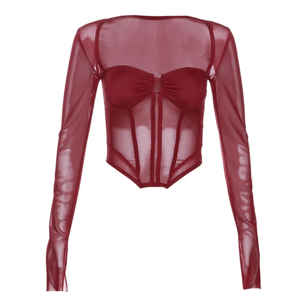Elastic Transparent Mesh Fishbone Tops Pullover Thin Mesh Long Sleeve Tops Y2k Spicy Girl Style Slim Crop Tops Festival 
Elastic Transparent Mesh Fishbone Tops Pullover Thin Mesh Long Sleeve Tops Y2k Spicy Girl Style Slim Crop Tops Festival
