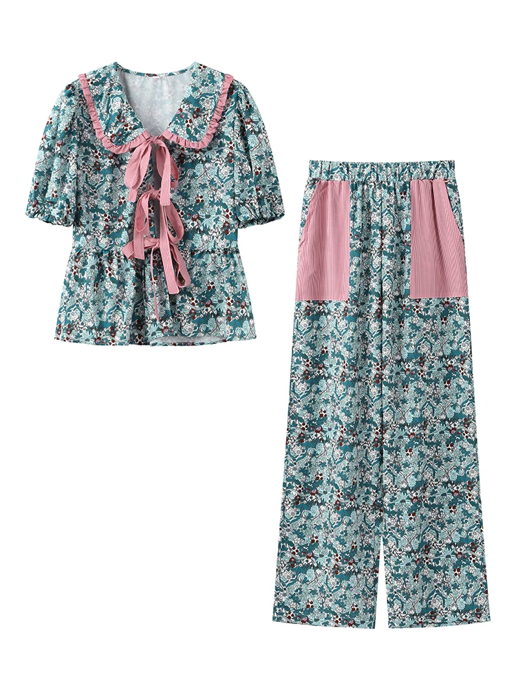 Printed Long Pant Set Elegant Fashion Lapel Lace Up Bow Half Sleeve Shirt Wide Leg Trousers Office Ladies 2 Pcs Set Streetwears
Printed Long Pant Set Elegant Fashion Lapel Lace Up Bow Half Sleeve Shirt Wide Leg Trousers Office Ladies 2 Pcs Set Streetwears