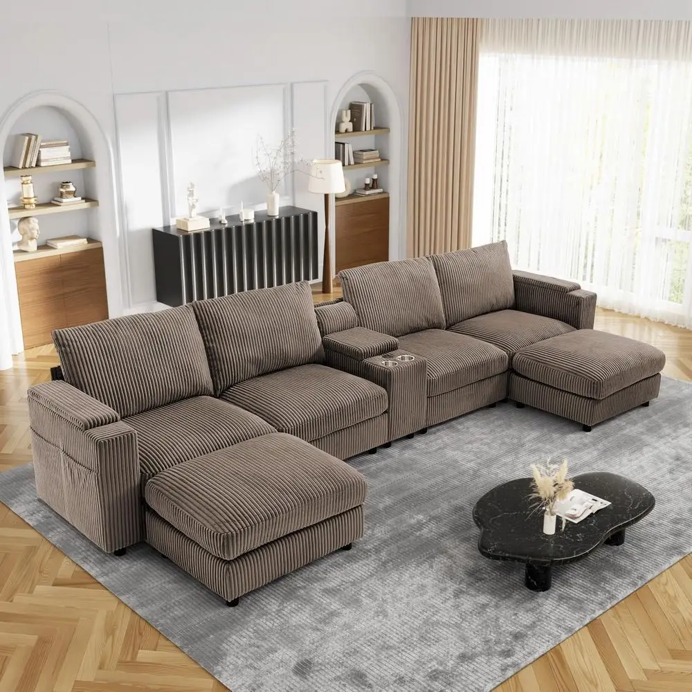 Large Cloud-Shaped L-Sectional Sofa with Ottoman, Cup Holders, USB Ports, Storage, and Side Pockets in Brown Corduroy for Cozy L
Large Cloud-Shaped L-Sectional Sofa with Ottoman, Cup Holders, USB Ports, Storage, and Side Pockets in Brown Corduroy for Cozy L
